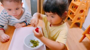 えんどう豆の皮むきといちごジャム作り|大阪・上本町の保育園レオラ